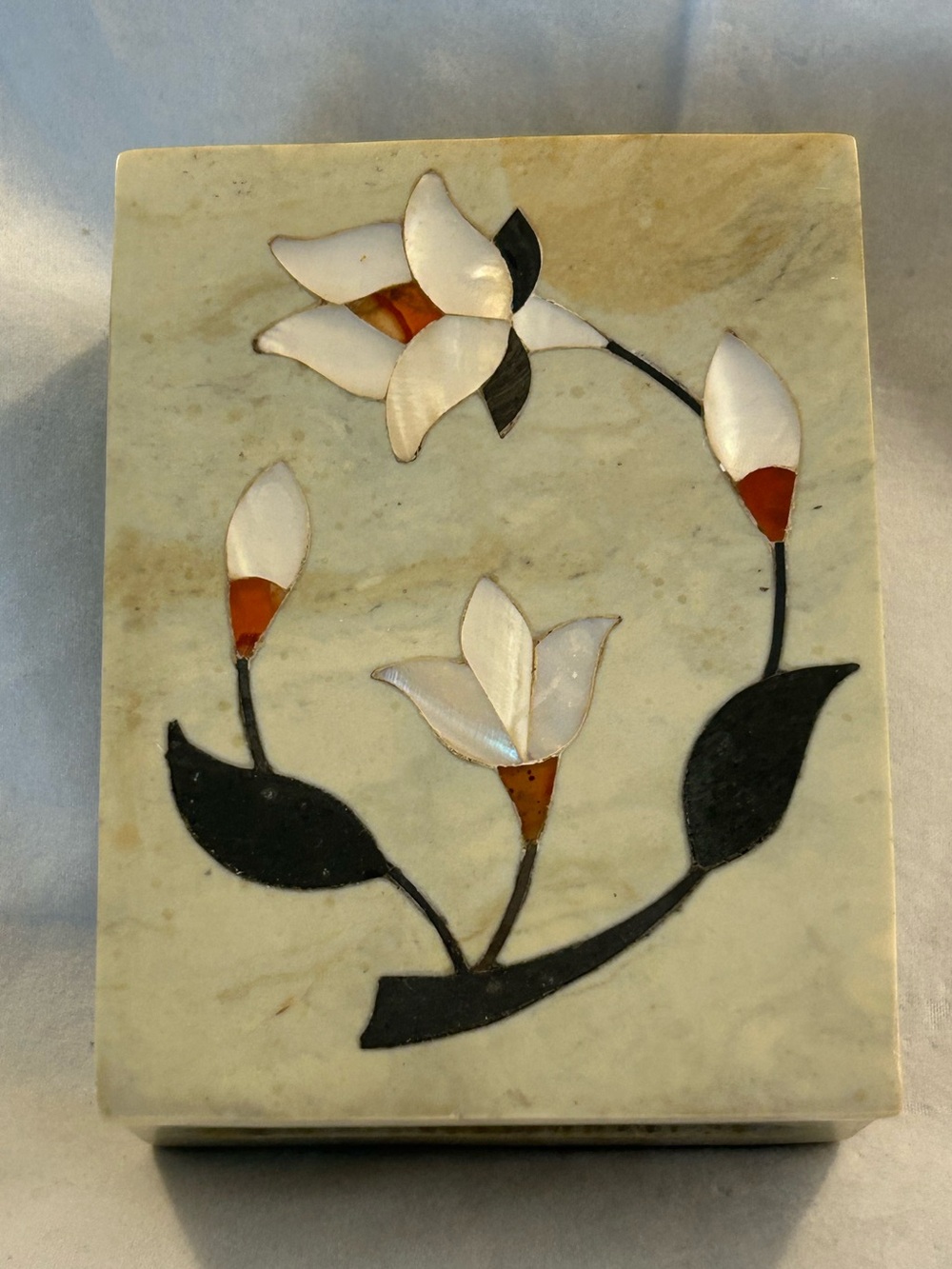 Mother of Pearl & Gemstone Inlay Hand-Carved Soapstone Box